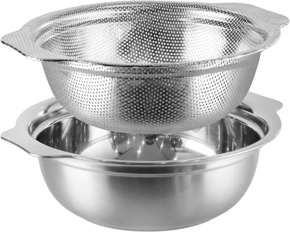 Stainless Steel Colander for Kitchen, 2.5QT Rice Washer Strainer with Mixing Bowl, Colander Bowl Set with Microporous for Washing Rice, Pasta, Spaghetti, Fruits, Dishwasher Safe(2PC)