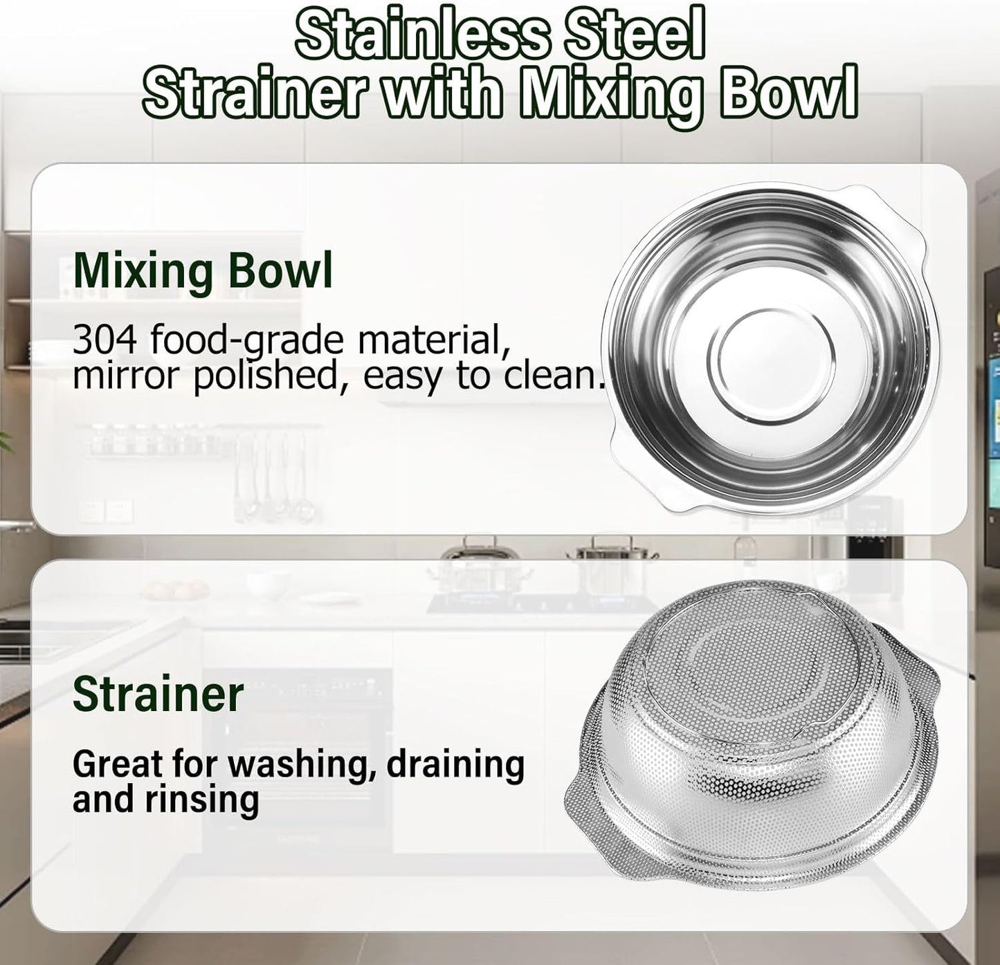 Stainless Steel Colander for Kitchen, 2.5QT Rice Washer Strainer with Mixing Bowl, Colander Bowl Set with Microporous for Washing Rice, Pasta, Spaghetti, Fruits, Dishwasher Safe(2PC)