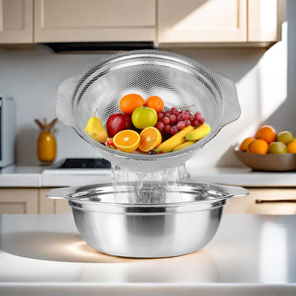 Stainless Steel Colander for Kitchen, 2.5QT Rice Washer Strainer with Mixing Bowl, Colander Bowl Set with Microporous for Washing Rice, Pasta, Spaghetti, Fruits, Dishwasher Safe(2PC)