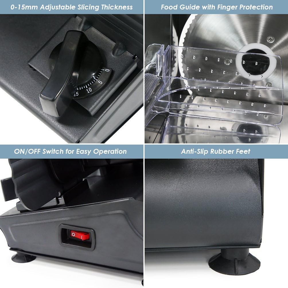 EMT-625B Deli Meat Slicer, Adjustable Thickness, 7.5" Stainless Steel & Black