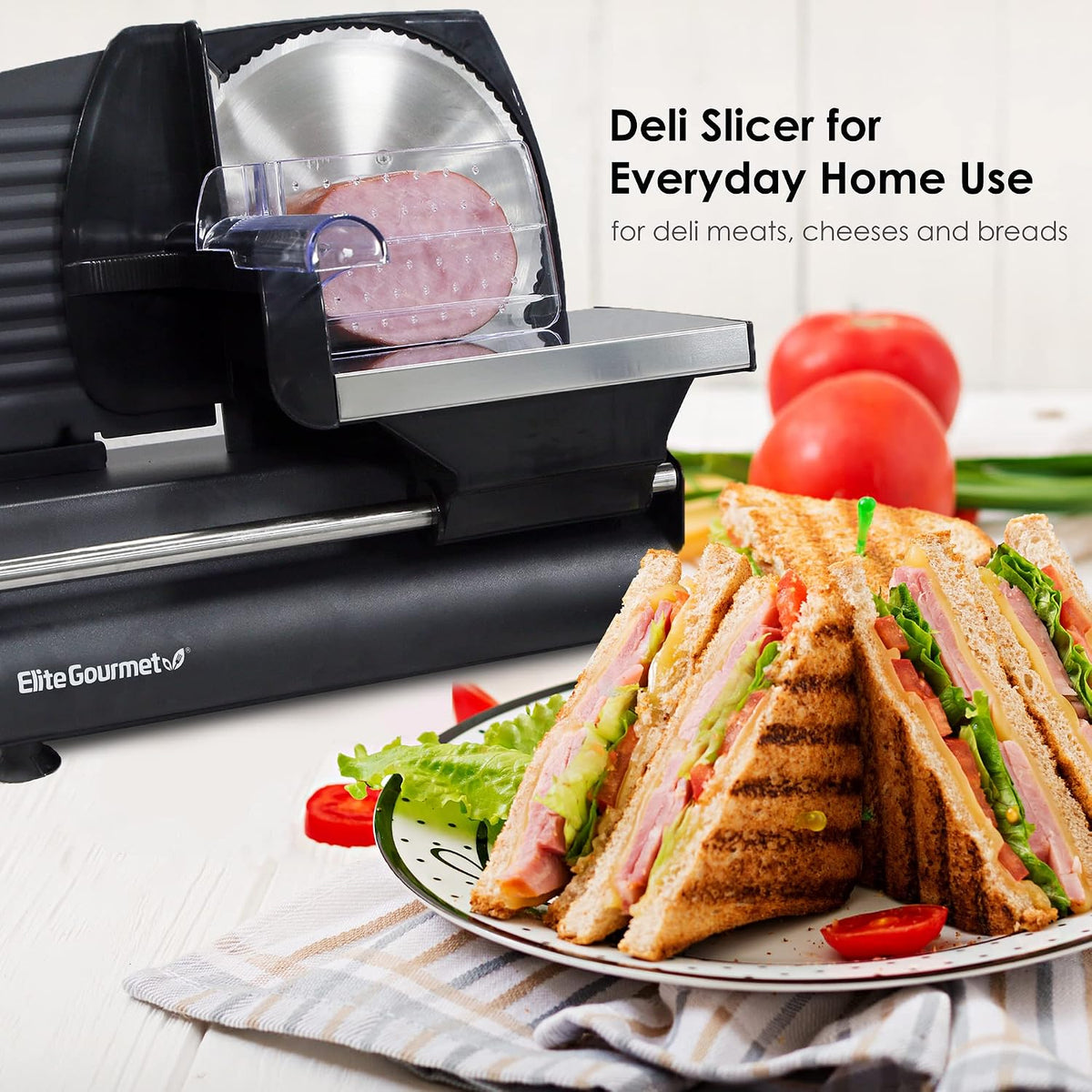 EMT-625B Deli Meat Slicer, Adjustable Thickness, 7.5" Stainless Steel & Black