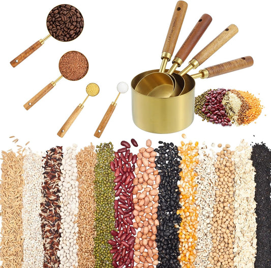 8 Pcs Gold Measuring Cups and Spoons Set, Stainless Steel Measuring Cups with Wood Handles, 4 Stackable Wooden Measuring Cups and 4 Measuring Spoons Set for Kitchen Cooking and Baking