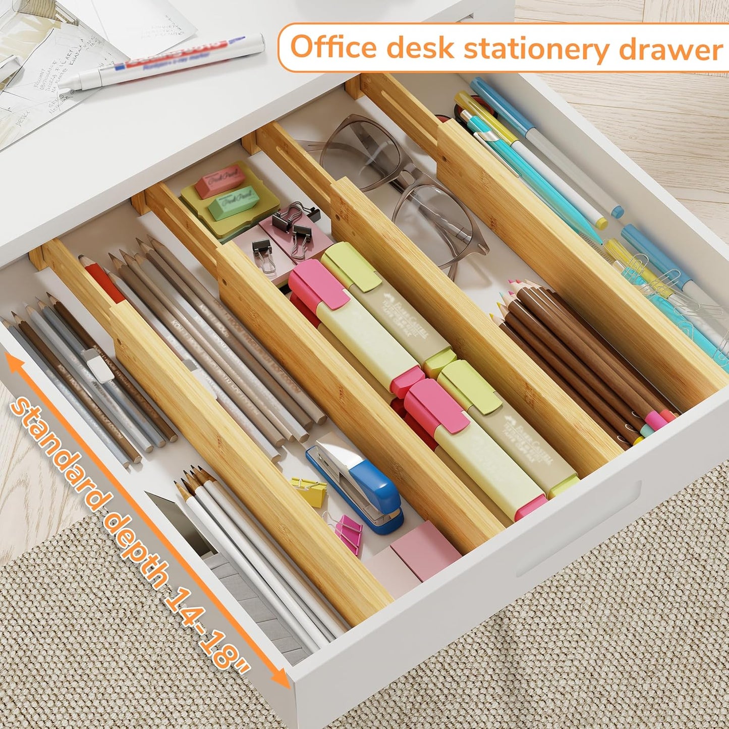 Bamboo Expandable Drawer Dividers – Fits 16.6"–22" Drawers, 2" High, Set of 4 | Spring-Loaded Bamboo Separator for Kitchen Island, Bathroom Vanity & Dresser Drawers