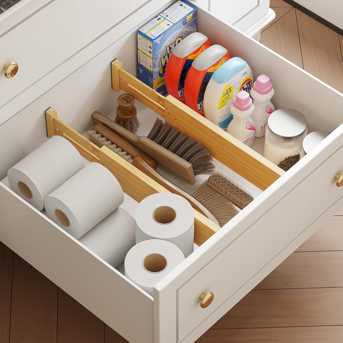 Bamboo Expandable Drawer Dividers – Fits 16.6"–22" Drawers, 2" High, Set of 4 | Spring-Loaded Bamboo Separator for Kitchen Island, Bathroom Vanity & Dresser Drawers
