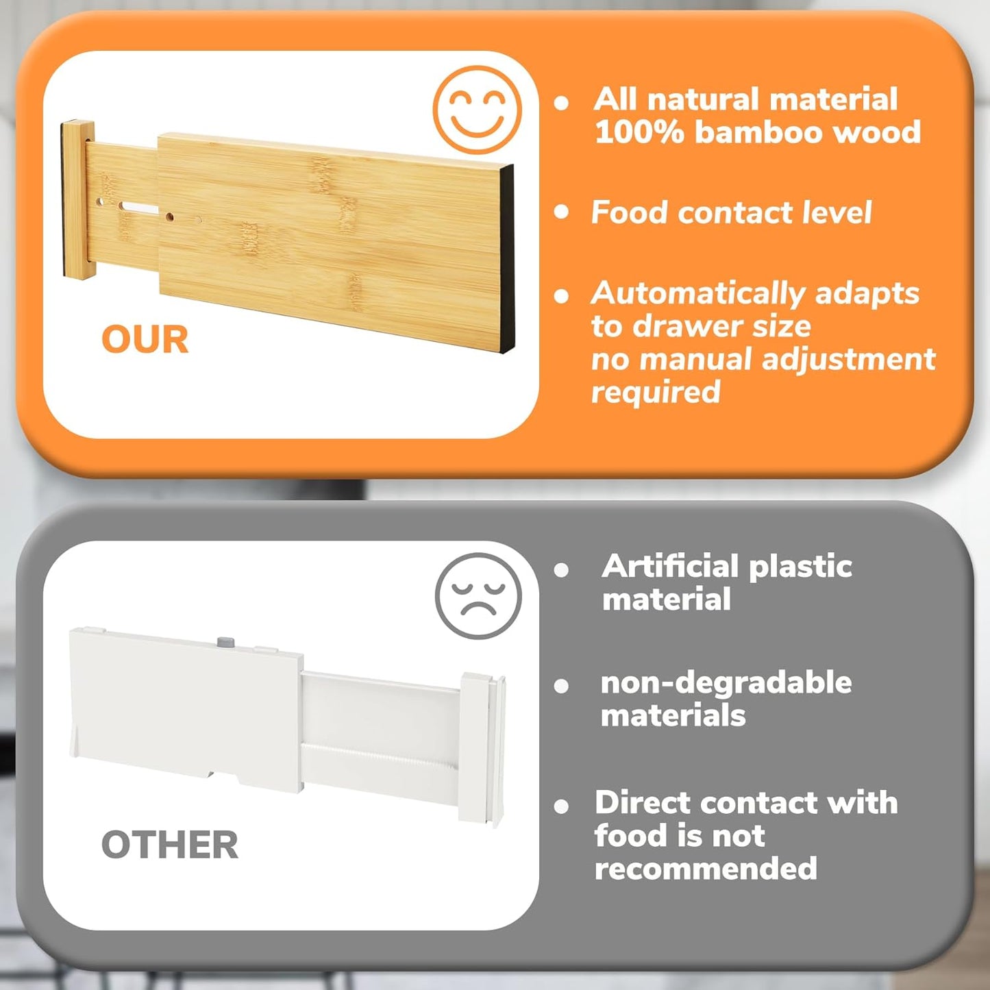 Bamboo Expandable Drawer Dividers – Fits 16.6"–22" Drawers, 2" High, Set of 4 | Spring-Loaded Bamboo Separator for Kitchen Island, Bathroom Vanity & Dresser Drawers