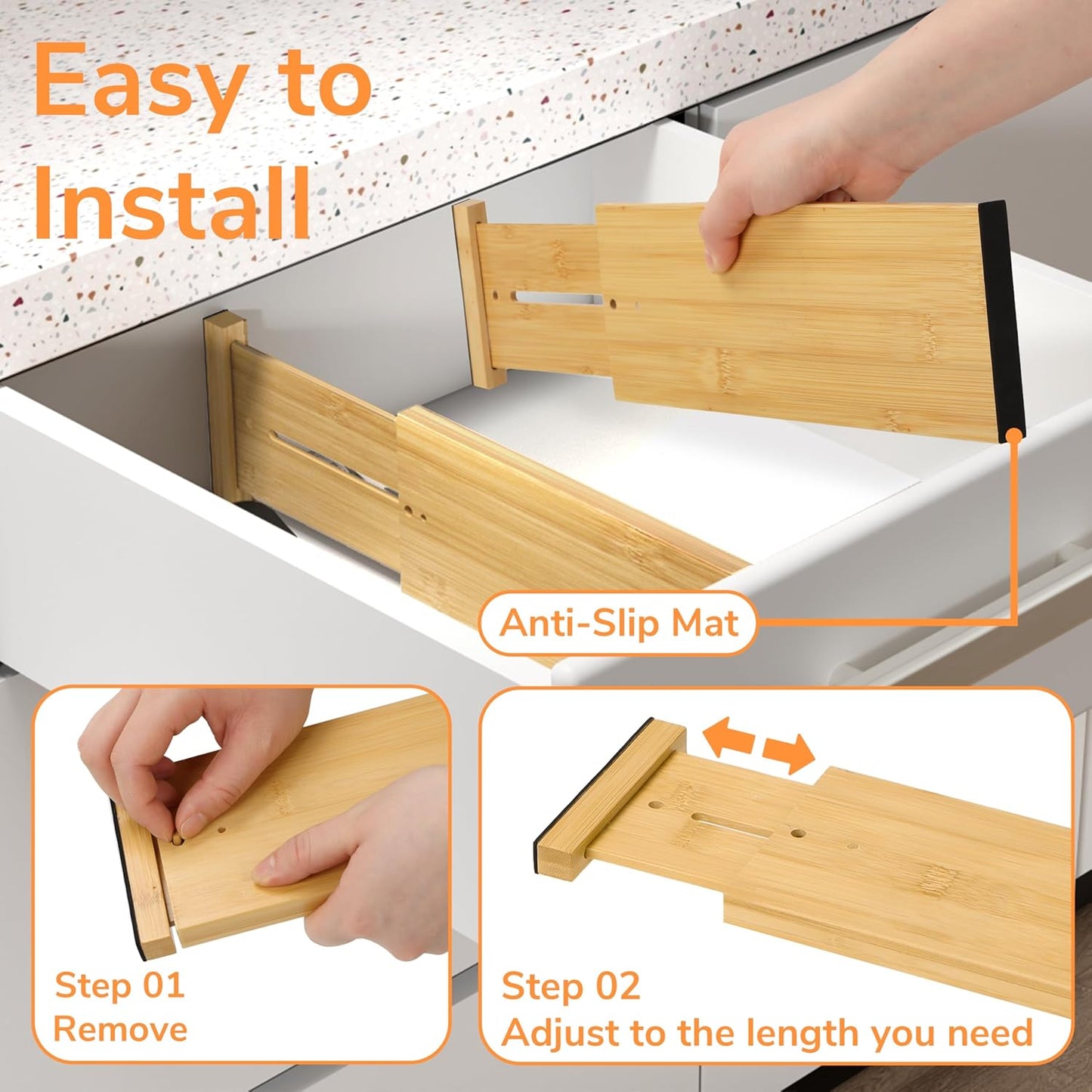 Bamboo Expandable Drawer Dividers – Fits 16.6"–22" Drawers, 2" High, Set of 4 | Spring-Loaded Bamboo Separator for Kitchen Island, Bathroom Vanity & Dresser Drawers