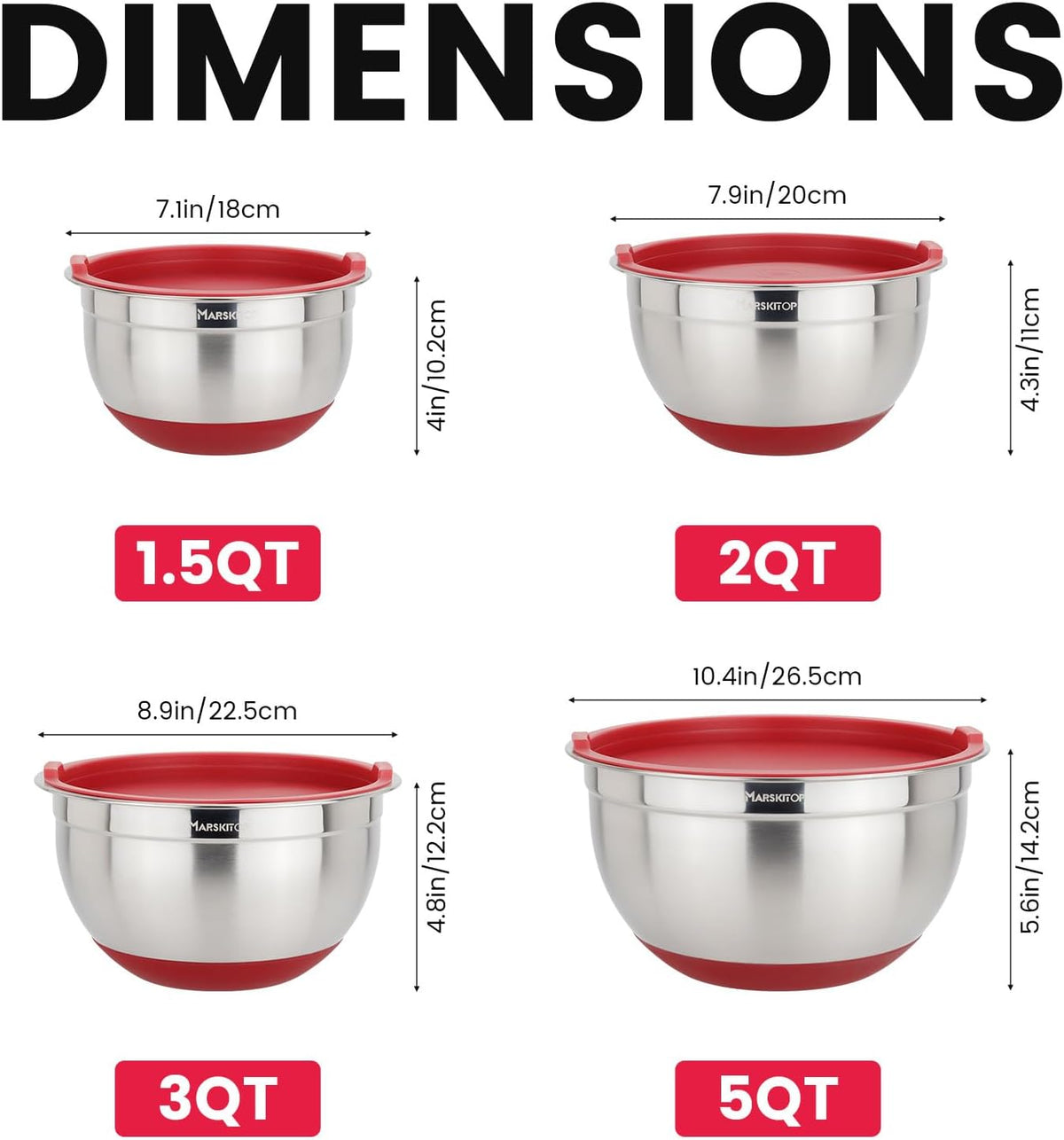 Stainless Steel Mixing Bowls with Lids Set, Size 5, 3, 2, 1.5QT