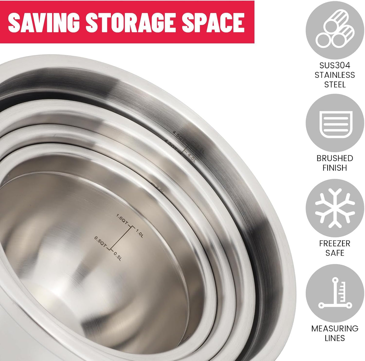 Stainless Steel Mixing Bowls with Lids Set, Size 5, 3, 2, 1.5QT