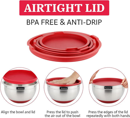 Stainless Steel Mixing Bowls with Lids Set, Size 5, 3, 2, 1.5QT