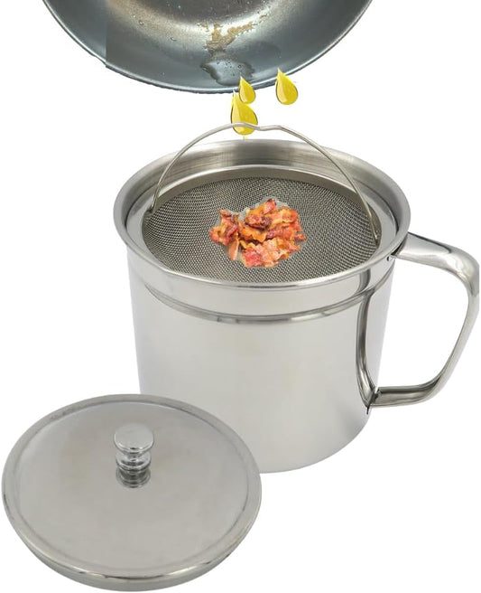 Cooking Oil Storage Can-Bacon Grease Keeper-Stainless Mesh Strainer-Easy Grip Handle-Large 5 Cup Fat Storage