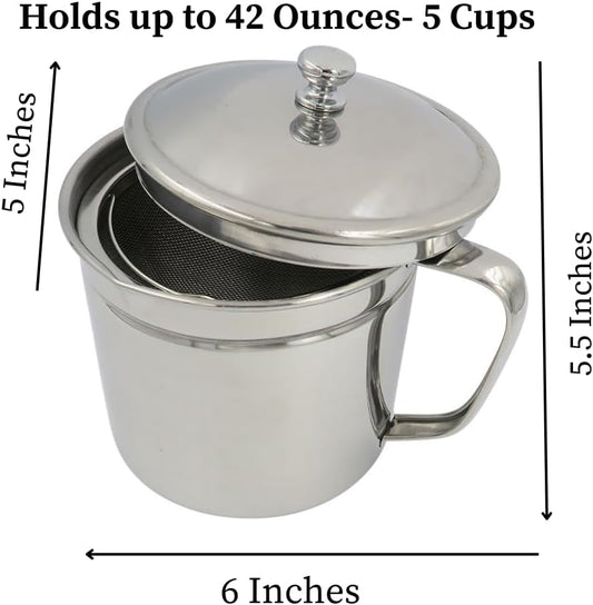 Cooking Oil Storage Can-Bacon Grease Keeper-Stainless Mesh Strainer-Easy Grip Handle-Large 5 Cup Fat Storage