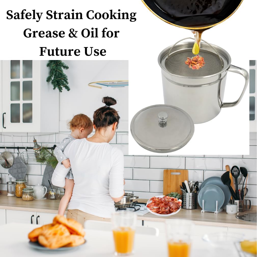 Cooking Oil Storage Can-Bacon Grease Keeper-Stainless Mesh Strainer-Easy Grip Handle-Large 5 Cup Fat Storage