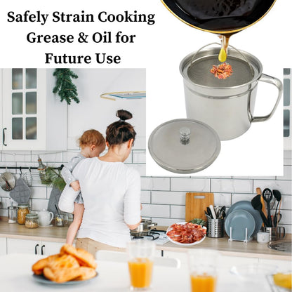 Cooking Oil Storage Can-Bacon Grease Keeper-Stainless Mesh Strainer-Easy Grip Handle-Large 5 Cup Fat Storage