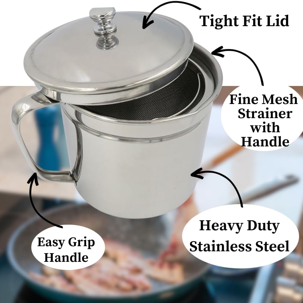 Cooking Oil Storage Can-Bacon Grease Keeper-Stainless Mesh Strainer-Easy Grip Handle-Large 5 Cup Fat Storage