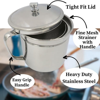 Cooking Oil Storage Can-Bacon Grease Keeper-Stainless Mesh Strainer-Easy Grip Handle-Large 5 Cup Fat Storage