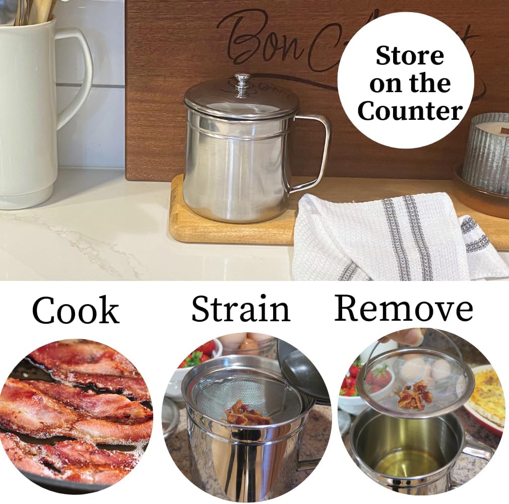 Cooking Oil Storage Can-Bacon Grease Keeper-Stainless Mesh Strainer-Easy Grip Handle-Large 5 Cup Fat Storage
