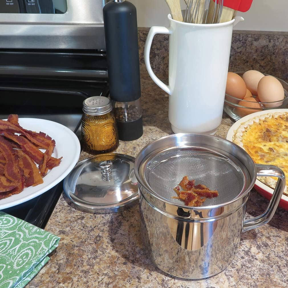 Cooking Oil Storage Can-Bacon Grease Keeper-Stainless Mesh Strainer-Easy Grip Handle-Large 5 Cup Fat Storage