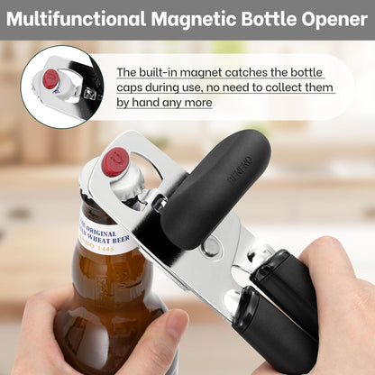 Can Opener, Heavy Duty Manual Can Opener with Magnet Lid Lifter & Bottle Opener, Hand Can Opener Manual with Ergonomic Soft Grip, Easy Turn Knob for Arthritis & Weak Hands, Easy to Use, Black
