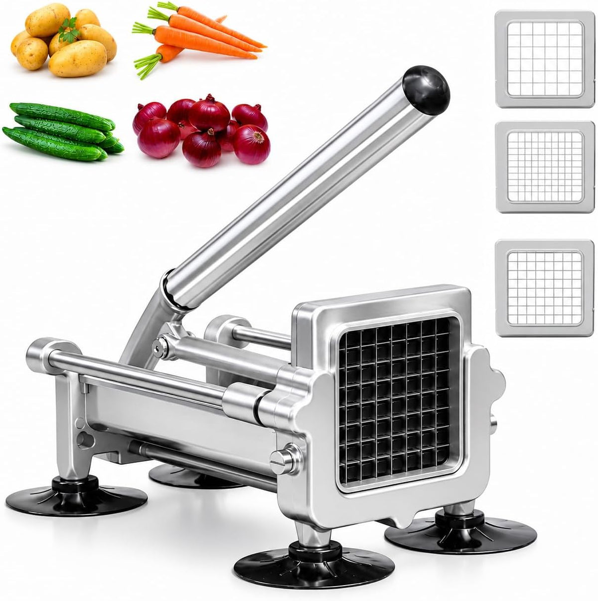 Commercial French Fry Cutter Heavy Duty Potato Slicer with 3/8&1/4&1/2 Inch Blade, Stainless Steel Potato Chopper French Fries Cutter with Suction Feet for Potato Carrot Yam Cucumbers