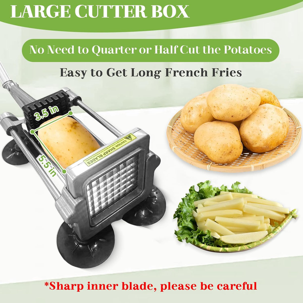 Commercial French Fry Cutter Heavy Duty Potato Slicer with 3/8&1/4&1/2 Inch Blade, Stainless Steel Potato Chopper French Fries Cutter with Suction Feet for Potato Carrot Yam Cucumbers