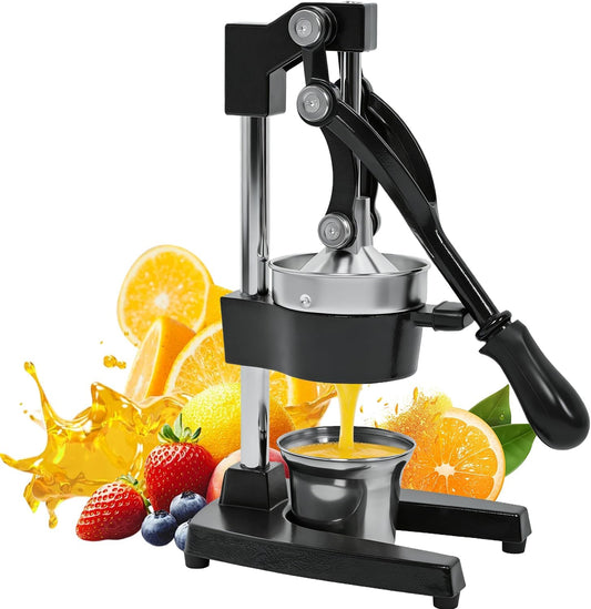 Cast Iron Citrus Juicer, Black | Extra Large, Commercial Grade Manual Hand Press, Stainless Steel Cup, Heavy-Duty, Easy Clean