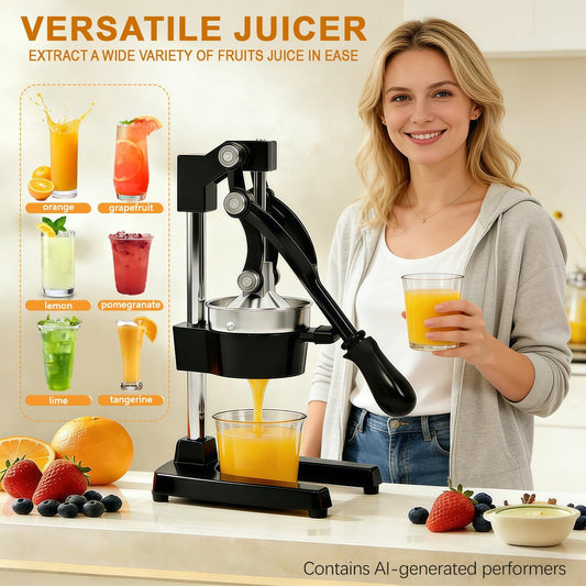 Cast Iron Citrus Juicer, Black | Extra Large, Commercial Grade Manual Hand Press, Stainless Steel Cup, Heavy-Duty, Easy Clean