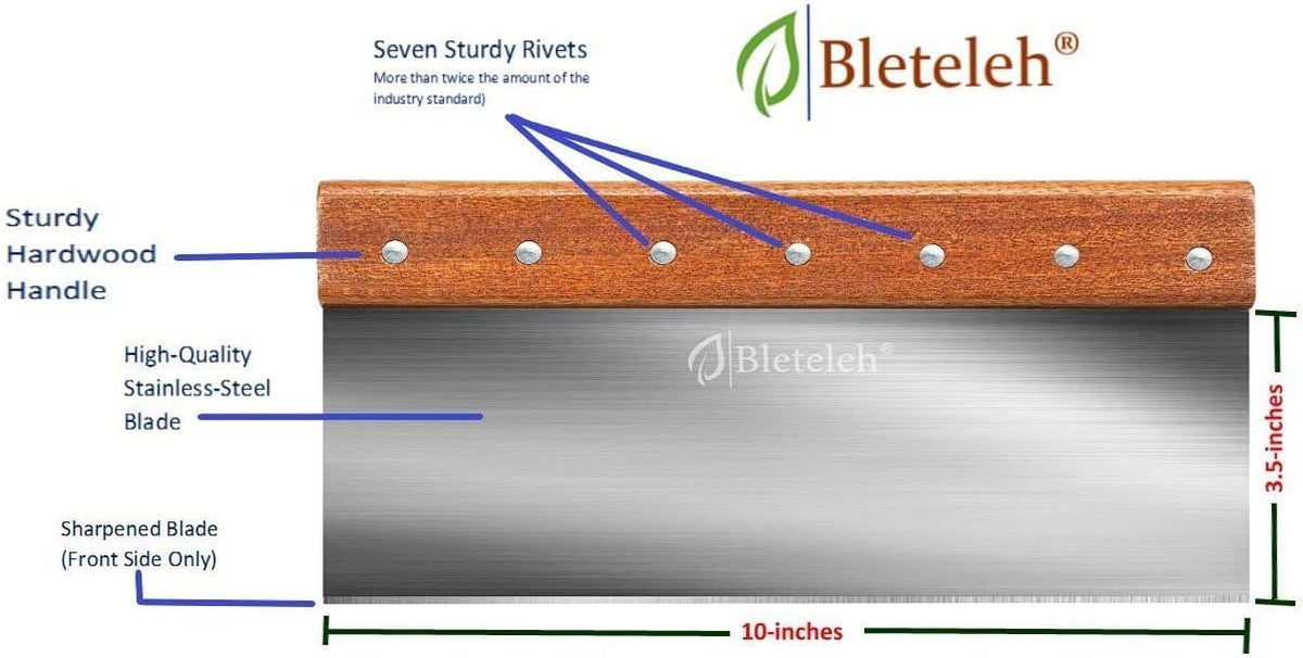 10-inch Long Bench/Dough Scraper, Stainless Steel Blade, Commercial Kitchen Tool with Wooden Handle (10-inch long)