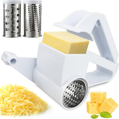 Rotary Cheese Grater with Handle, Handheld Cheese Grater with 2 Stainless Steel Drums for Cheese Nuts Chocolates Vegetables, Includes Extra Handle