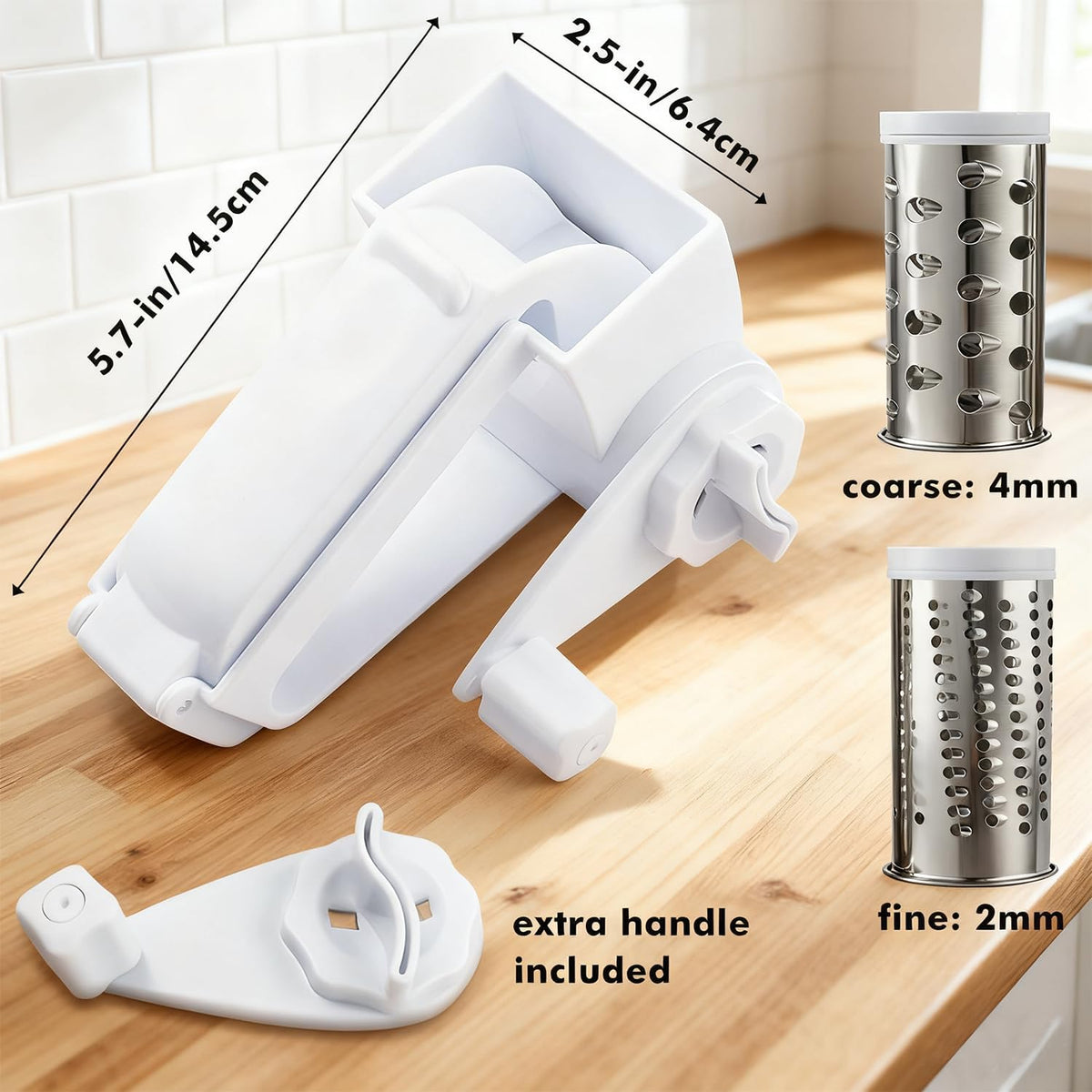 Rotary Cheese Grater with Handle, Handheld Cheese Grater with 2 Stainless Steel Drums for Cheese Nuts Chocolates Vegetables, Includes Extra Handle