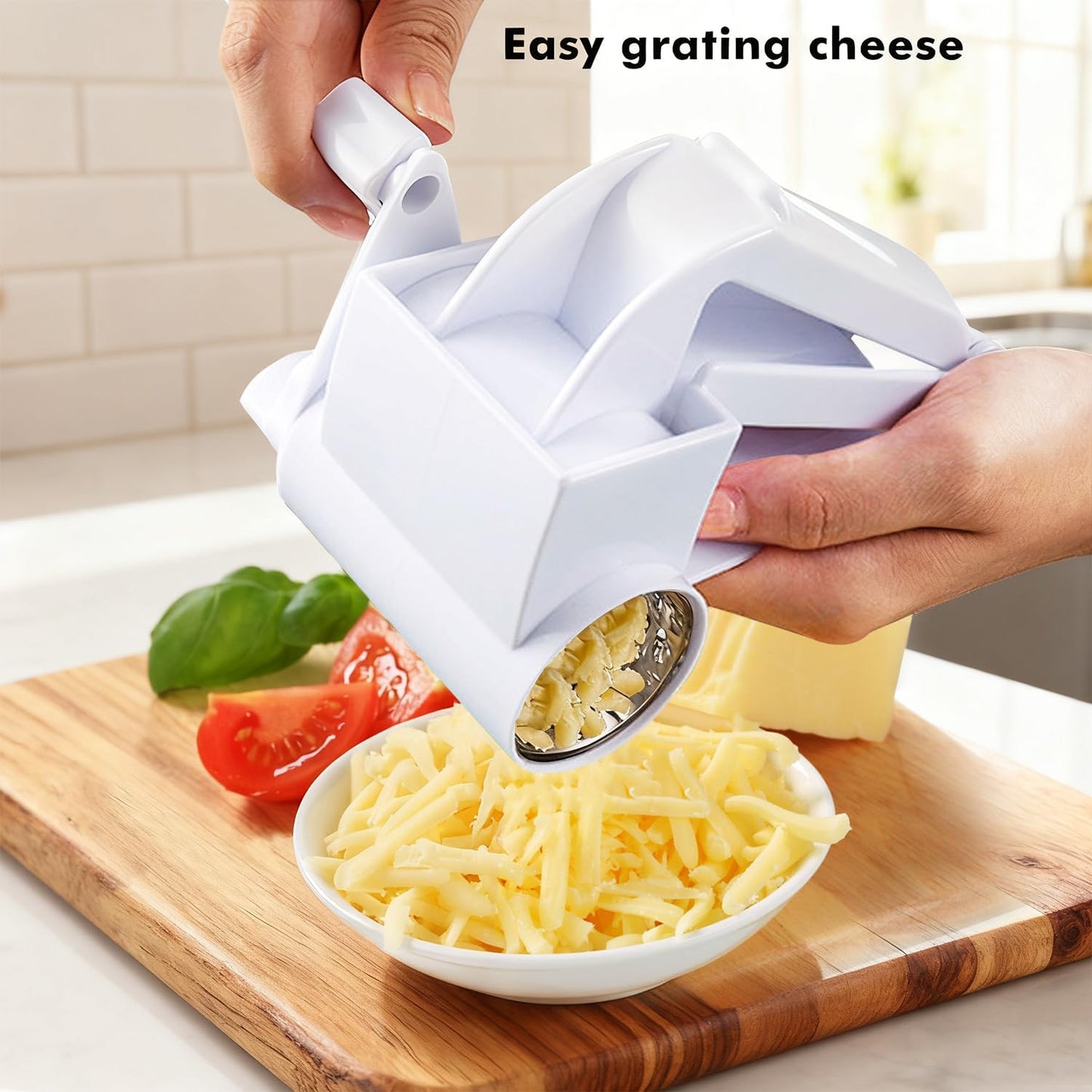 Rotary Cheese Grater with Handle, Handheld Cheese Grater with 2 Stainless Steel Drums for Cheese Nuts Chocolates Vegetables, Includes Extra Handle