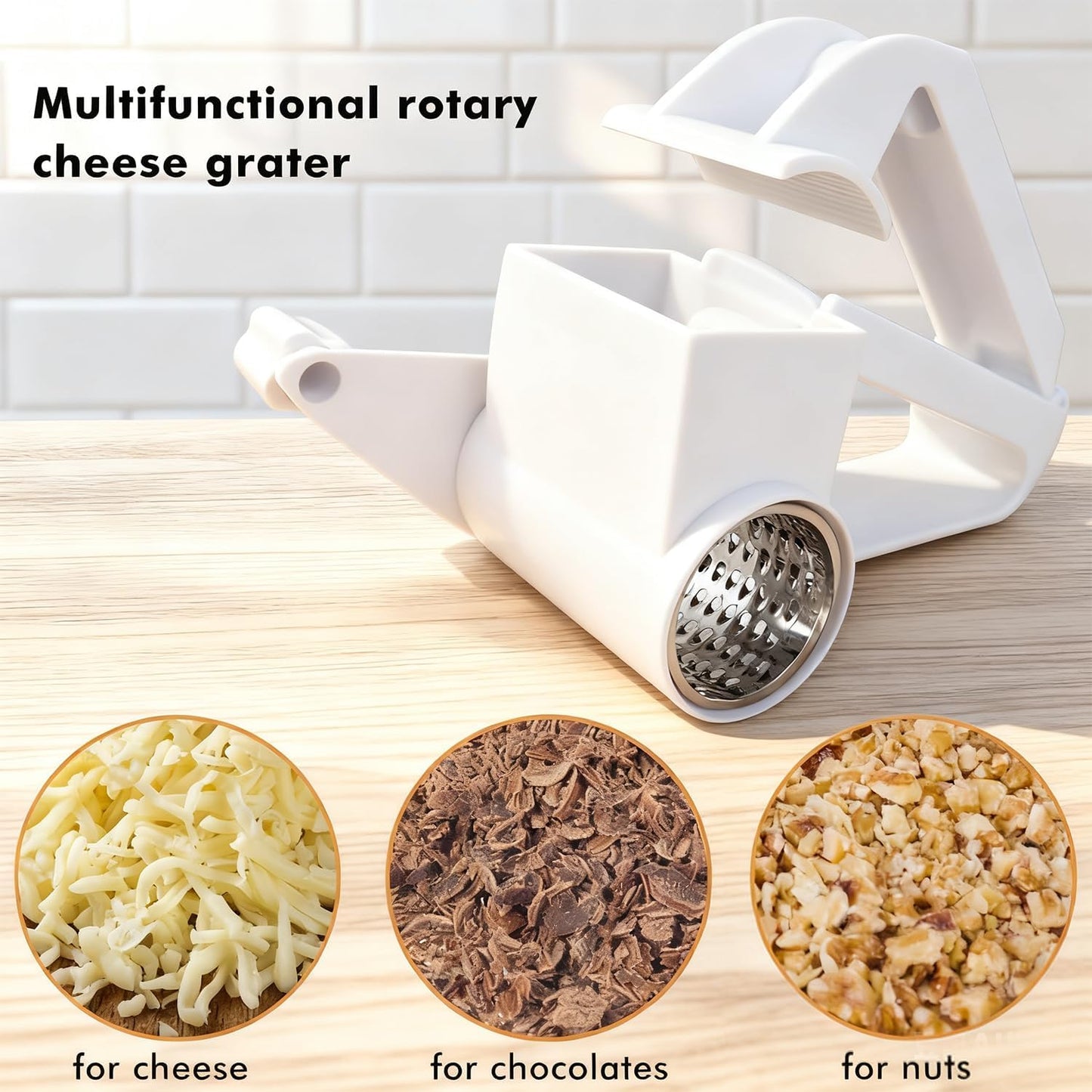 Rotary Cheese Grater with Handle, Handheld Cheese Grater with 2 Stainless Steel Drums for Cheese Nuts Chocolates Vegetables, Includes Extra Handle