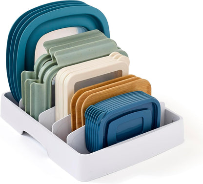 StoraLid Food Container Lid Organizer for Kitchen Cabinet Storage with 5 Adjustable Dividers, 10.5''D × 13.4''W × 3.3''H, Large Classic Edition, White
