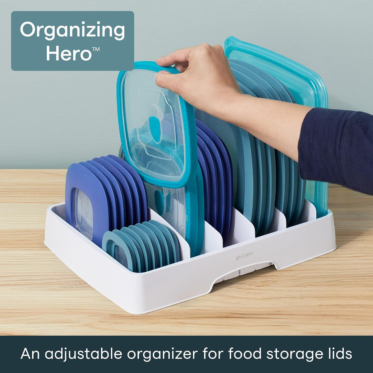 StoraLid Food Container Lid Organizer for Kitchen Cabinet Storage with 5 Adjustable Dividers, 10.5''D × 13.4''W × 3.3''H, Large Classic Edition, White