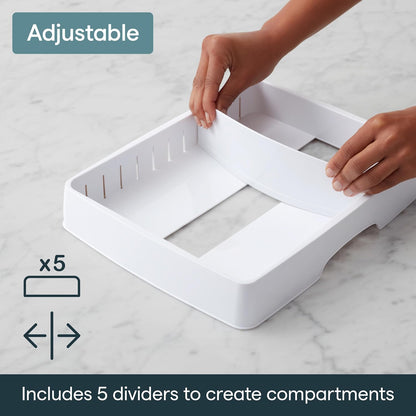 StoraLid Food Container Lid Organizer for Kitchen Cabinet Storage with 5 Adjustable Dividers, 10.5''D × 13.4''W × 3.3''H, Large Classic Edition, White
