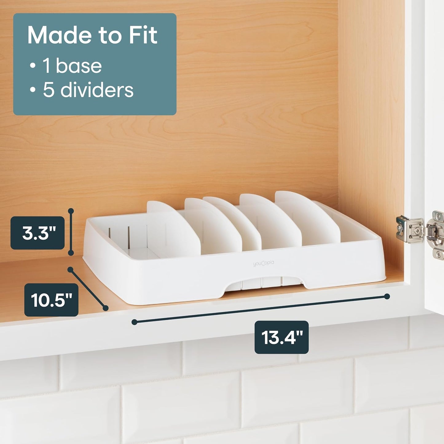 StoraLid Food Container Lid Organizer for Kitchen Cabinet Storage with 5 Adjustable Dividers, 10.5''D × 13.4''W × 3.3''H, Large Classic Edition, White