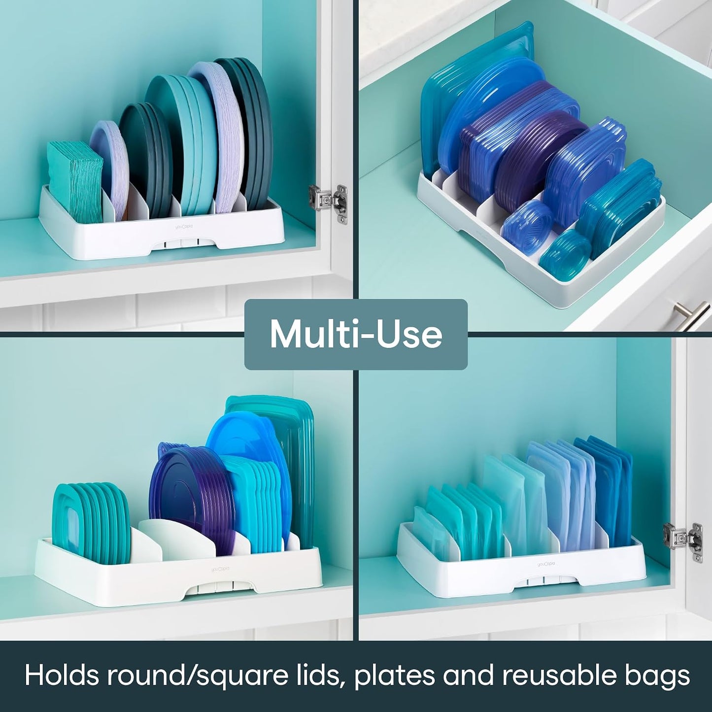 StoraLid Food Container Lid Organizer for Kitchen Cabinet Storage with 5 Adjustable Dividers, 10.5''D × 13.4''W × 3.3''H, Large Classic Edition, White