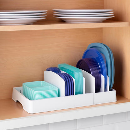 StoraLid Food Container Lid Organizer for Kitchen Cabinet Storage with 5 Adjustable Dividers, 10.5''D × 13.4''W × 3.3''H, Large Classic Edition, White