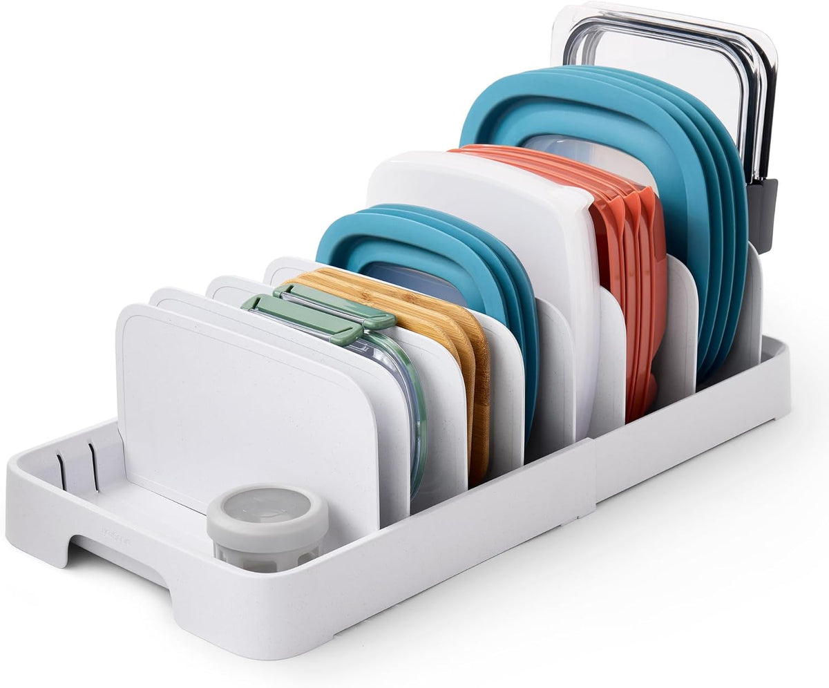 StoraLid Food Container Lid Organizer for Kitchen Cabinet Storage with 5 Adjustable Dividers, 10.5''D × 13.4''W × 3.3''H, Large Classic Edition, White