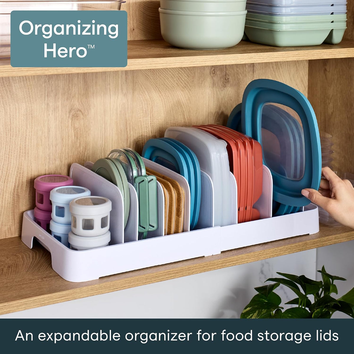 StoraLid Food Container Lid Organizer for Kitchen Cabinet Storage with 5 Adjustable Dividers, 10.5''D × 13.4''W × 3.3''H, Large Classic Edition, White