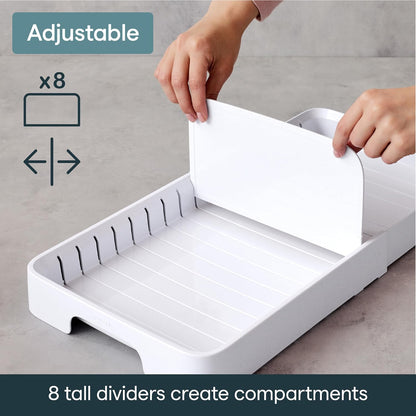StoraLid Food Container Lid Organizer for Kitchen Cabinet Storage with 5 Adjustable Dividers, 10.5''D × 13.4''W × 3.3''H, Large Classic Edition, White