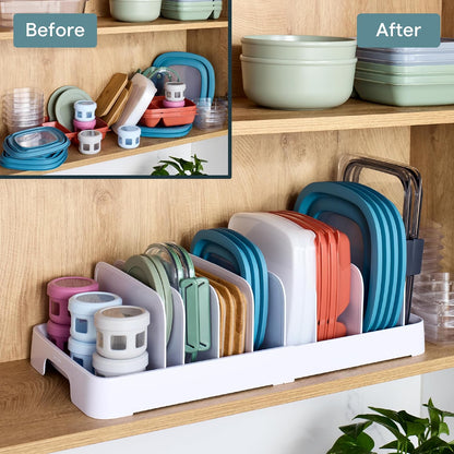 StoraLid Food Container Lid Organizer for Kitchen Cabinet Storage with 5 Adjustable Dividers, 10.5''D × 13.4''W × 3.3''H, Large Classic Edition, White