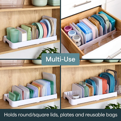 StoraLid Food Container Lid Organizer for Kitchen Cabinet Storage with 5 Adjustable Dividers, 10.5''D × 13.4''W × 3.3''H, Large Classic Edition, White