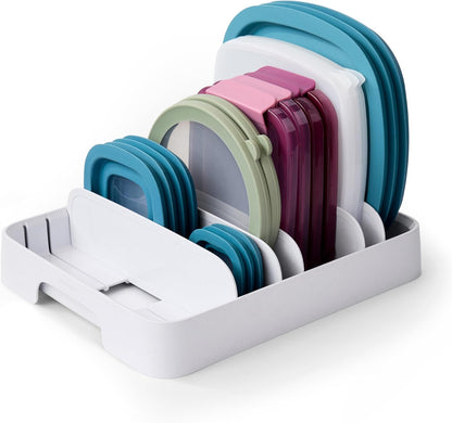 StoraLid Food Container Lid Organizer for Kitchen Cabinet Storage with 5 Adjustable Dividers, 10.5''D × 13.4''W × 3.3''H, Large Classic Edition, White