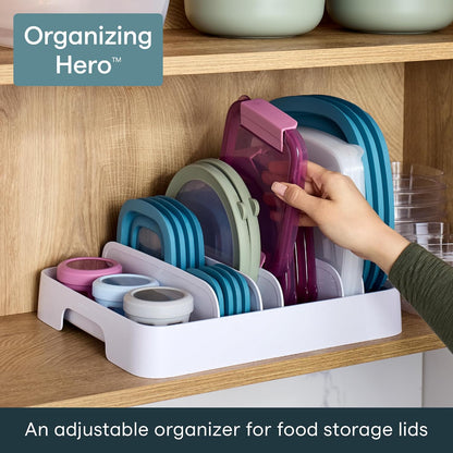 StoraLid Food Container Lid Organizer for Kitchen Cabinet Storage with 5 Adjustable Dividers, 10.5''D × 13.4''W × 3.3''H, Large Classic Edition, White