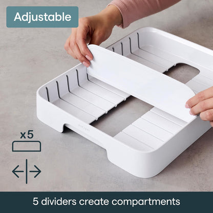 StoraLid Food Container Lid Organizer for Kitchen Cabinet Storage with 5 Adjustable Dividers, 10.5''D × 13.4''W × 3.3''H, Large Classic Edition, White