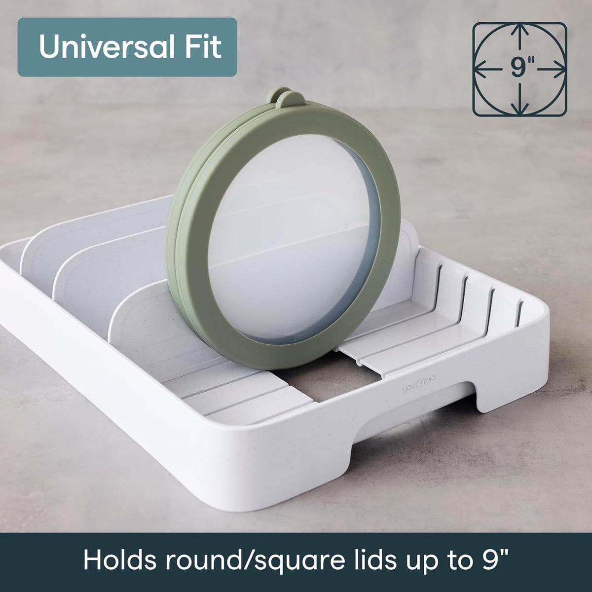 StoraLid Food Container Lid Organizer for Kitchen Cabinet Storage with 5 Adjustable Dividers, 10.5''D × 13.4''W × 3.3''H, Large Classic Edition, White