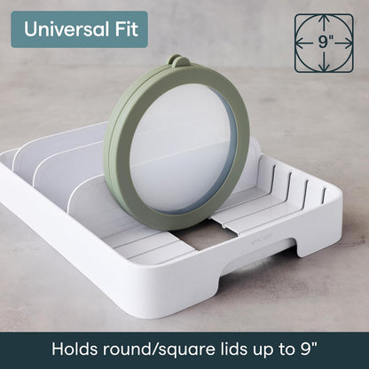 StoraLid Food Container Lid Organizer for Kitchen Cabinet Storage with 5 Adjustable Dividers, 10.5''D × 13.4''W × 3.3''H, Large Classic Edition, White