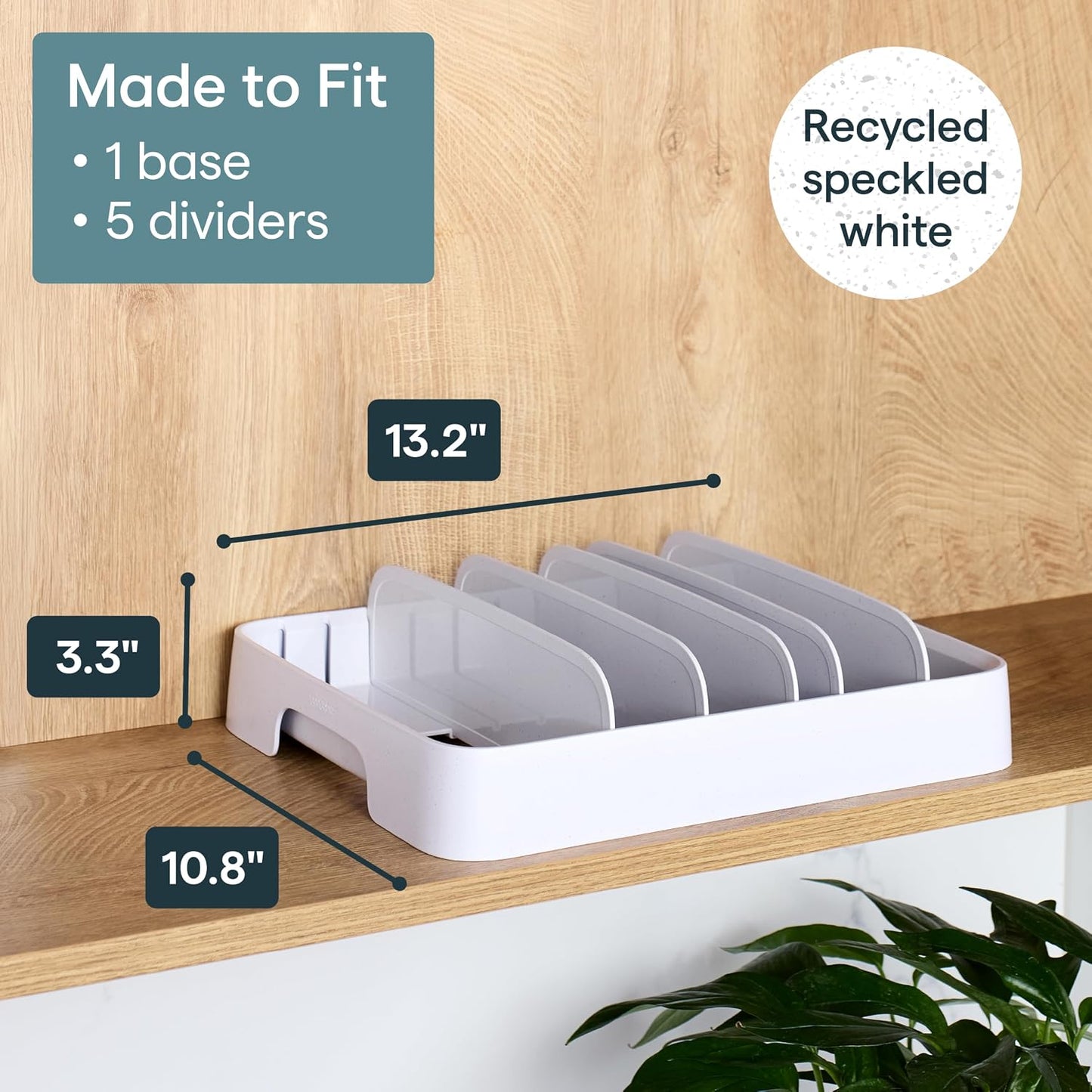 StoraLid Food Container Lid Organizer for Kitchen Cabinet Storage with 5 Adjustable Dividers, 10.5''D × 13.4''W × 3.3''H, Large Classic Edition, White