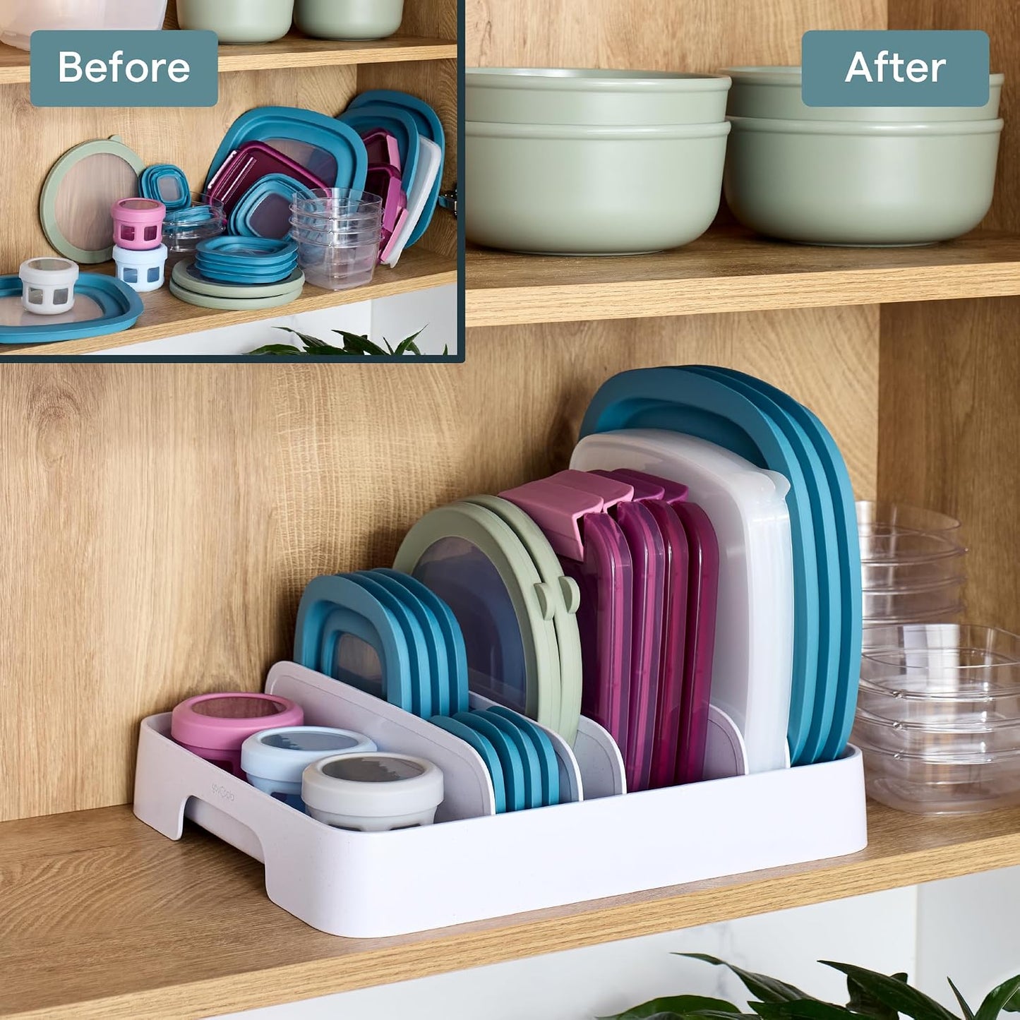 StoraLid Food Container Lid Organizer for Kitchen Cabinet Storage with 5 Adjustable Dividers, 10.5''D × 13.4''W × 3.3''H, Large Classic Edition, White
