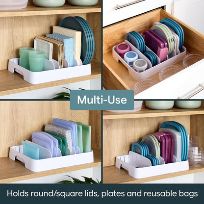 StoraLid Food Container Lid Organizer for Kitchen Cabinet Storage with 5 Adjustable Dividers, 10.5''D × 13.4''W × 3.3''H, Large Classic Edition, White